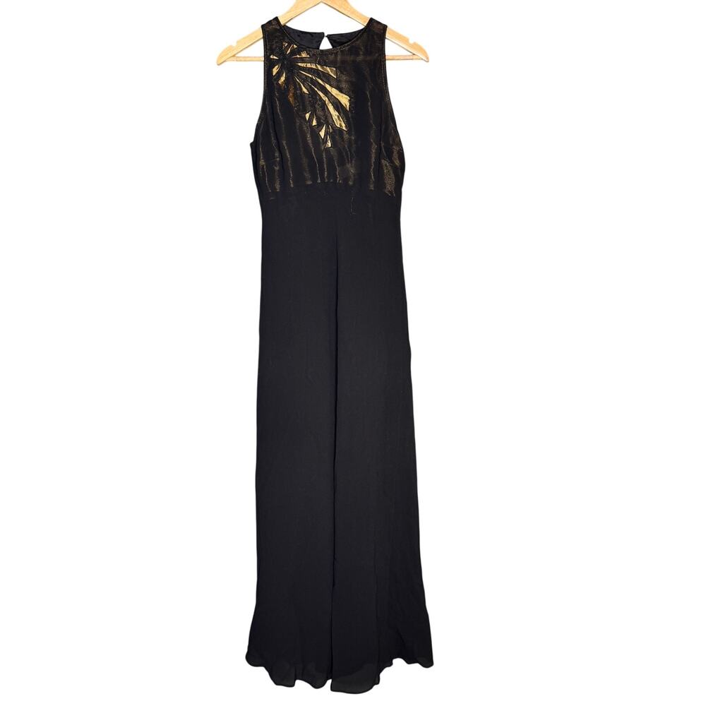 Ever Beauty Size 8 Black Gold Formal Gown Sleeveless Open Back Long Beaded Dress